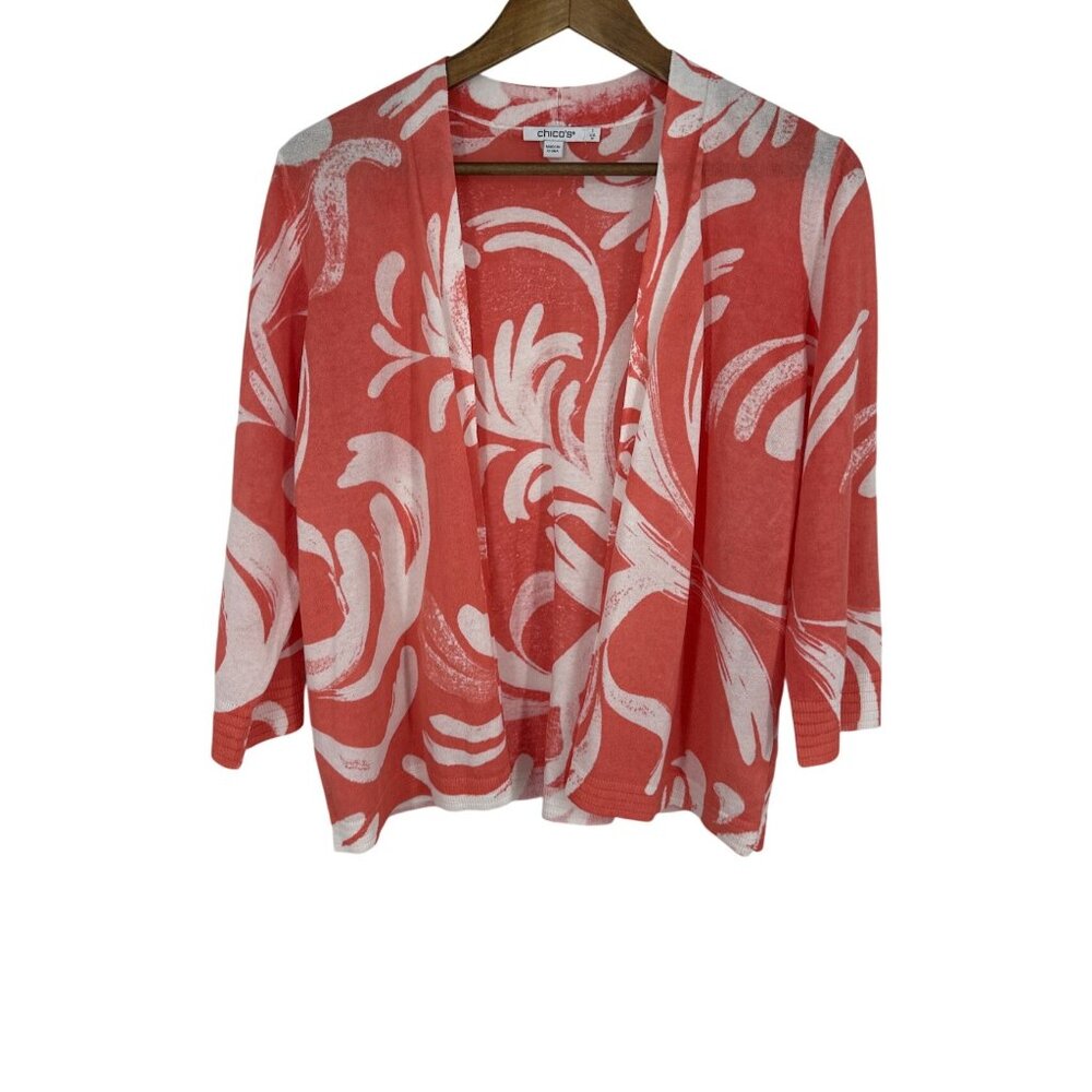 Chicos Coral & White Open Front Cardigan With Abstract Pattern Size 1 US M
